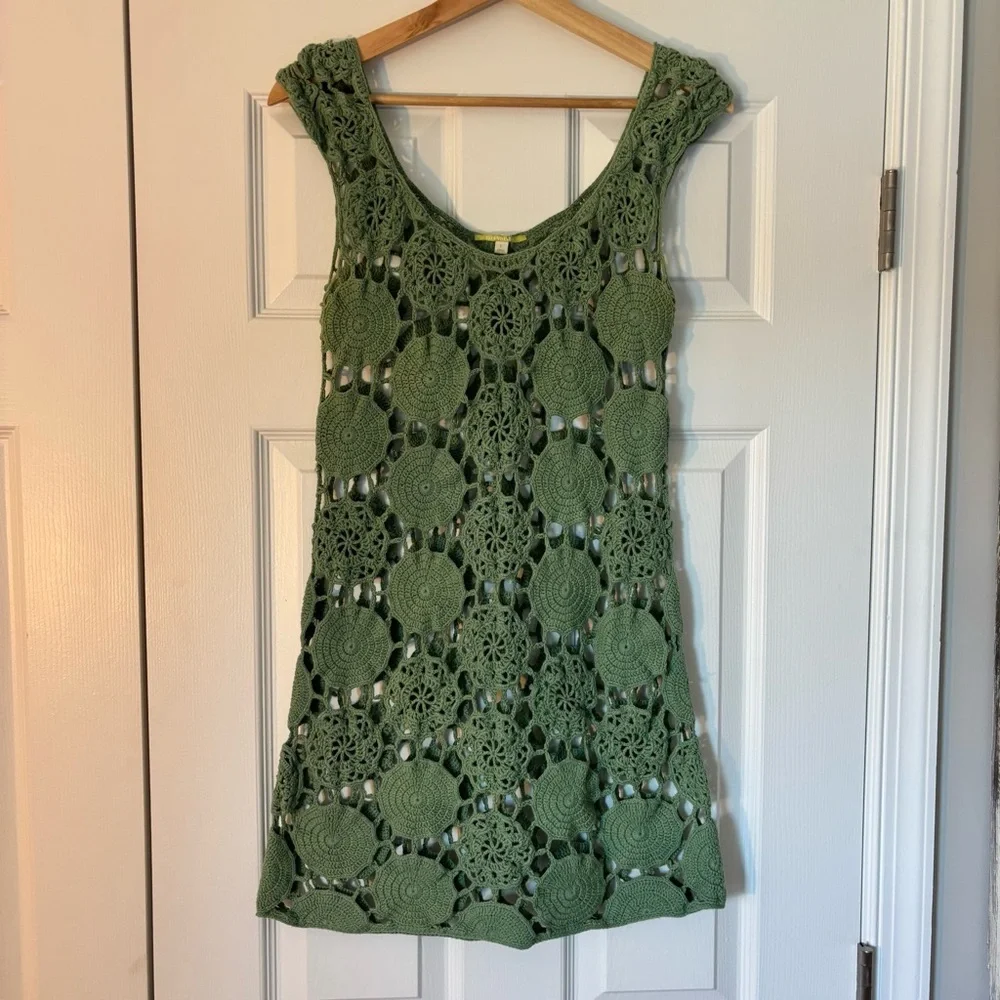 Vintage Gianni Bini Kelly Green Crochet Dress Swim Coverup Summer Boho L Concert - Picture 1 of 5